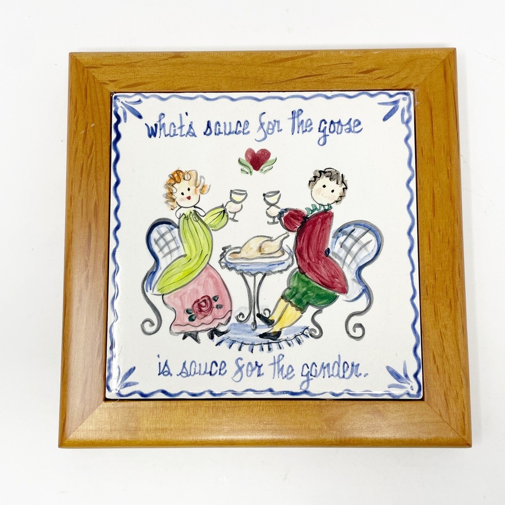 Artist Signed Peter Hunt Framed Tile Hand Painted Art Folk Art Country Cottage